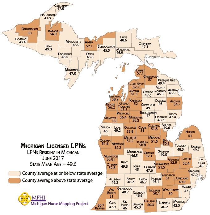 map depicting LPN mean age by county in 2017